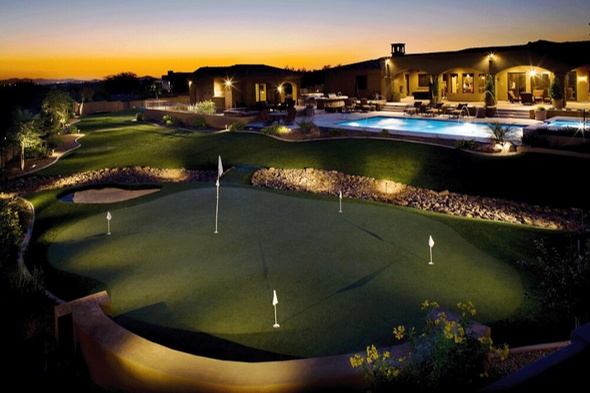 Southwest Greens of Illinois artificial golf green with sand trap at luxury home